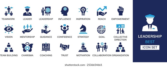 Liderança melhor coleção de conjuntos de ícones sólidos. Trabalho em equipe, líder, inspiração, alcance, empoderamento, visão, orientação, confiança, objetivo e ilustração vetorial.