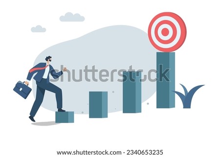 Leadership to build growth company,  Career development, Walk and climb the ladder of business success, Motivation, Businessman walking on bar graph towards business goals, 
Vector illustration.