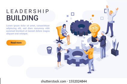 Leadership Building Landing Page Vector Template With Isometric Illustration. Business Organization And Administration Homepage Interface Layout With Isometry. Workflow Management 3d Webpage Design