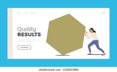 Leadership, Business Competition Landing Page Template. Businesswoman Character Pushing Huge Hexagon Shape. Tired Concentrated Woman Goal Achievement, Challenge. Cartoon People Vector Illustration