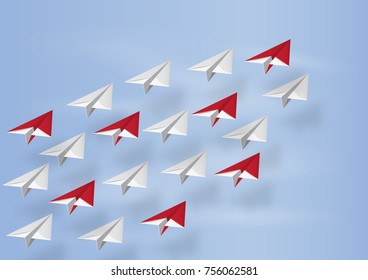 Leadership and Business concept of many airplane flying on sky background. paper art design and craft style.

