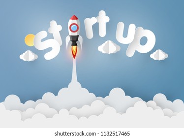 Leadership and Business concept with Origami made paper Rocket flying in the sky. paper art design and craft style. 
