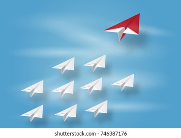 Leadership and Business concept of plane flying to goal on sky with earth and tree, paper art design and craft style.