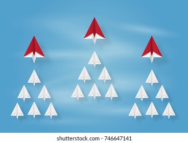 Leadership and Business concept of plane flying to goal on sky with earth and tree, paper art design and craft style.