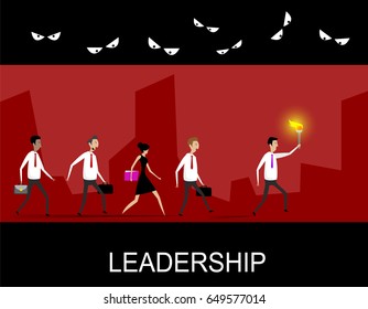 Leadership business concept with team following behind the leader through the dark dangerous tunnel. Vector leadership illustration.