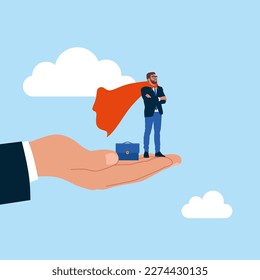 Leadership or business growth concept, help to succeed in job. Businessman super hero belief in supported hand. Flat vector illustration