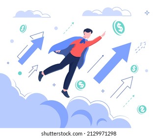 Leadership and business growth concept. Male entrepreneur in superhero cape flies up, achieves goals, develops and promotes company. Successful ambitious employee. Cartoon flat vector illustration