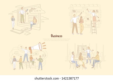 Leadership in business management, businessmen scheduling activities, top manager giving instructions banner