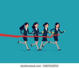 Leadership. Business people run race crossing finish line ribbon
