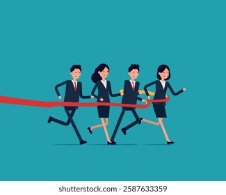 Leadership. Business people run race crossing finish line ribbon
