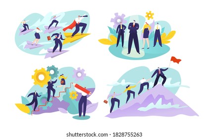 Leadership business people vector illustration set. Cartoon flat active leader character leads corporate team to win, success, businessman and businesswoman work together concept isolated on white