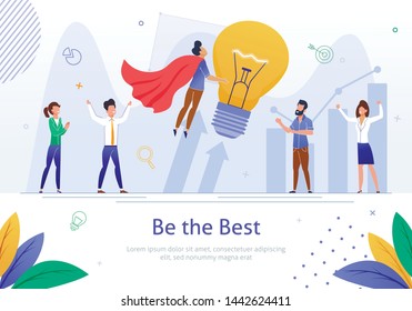 Leadership, Business Success Flat Vector Banner Template with Businessman, Company Leader in Superhero Suit Taking Off with Bulb Lamp in Hands, Colleagues Congratulating Boss with Success Illustration