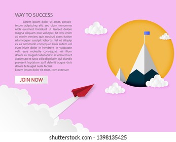 Leadership and business success idea concept. Red paper airplanes flying on pink background to blue flag on mountain. Paper cut style. Design for website template, banner, poster, flyer and brochure.