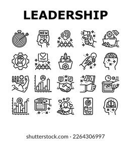 leadership business success team icons set vector. management lead, people teamwork, challenge boss, manager career, strategy leadership business success team black contour illustrations