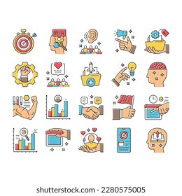 leadership business success team icons set vector. management lead, people teamwork, challenge boss, manager career, strategy leadership business success team color line illustrations