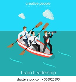 Leadership in business team flat 3d isometry isometric HR concept web vector illustration. Businessmen in rowing boat - two rowers one captain manager boss leader. Creative people collection.