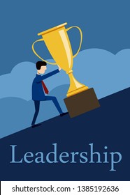 leadership, businessman pushes up a golden prize cup