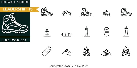 Leadership and camping line set featuring hiking boots, camping tents, lighthouses, sleeping bags, mountain paths, and campfires on white background