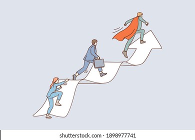 Leadership And Career Ladder Concept. Business People Cartoon Characters Moving Up Ladder Competing With Colleagues And Achieving Goals In Business In Work Vector Illustration