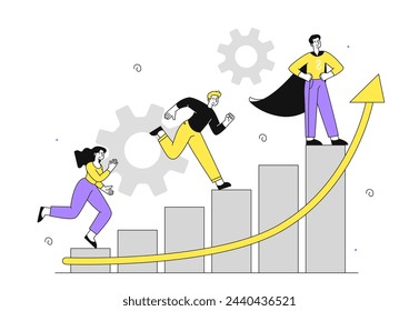 Liderazgo y carrera lineal. Hombres y mujeres con gráficos y diagramas. Empresarios y empresarios. Colaboración y cooperación. Motivación y aspiración. Doodle ilustración vectorial plana