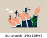 Leadership or career path growth strategy.  Determination to grow and success. Business people step up stairway on leader pointing hand. Flat  vector illustration