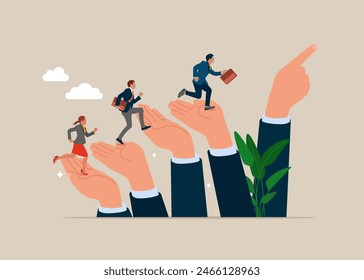 Leadership or career path growth strategy.  Determination to grow and success. Business people step up stairway on leader pointing hand. Flat  vector illustration