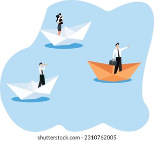 Leadership, career, success business concept. Businessmen people sailing by paper boats. Vector flat illustration