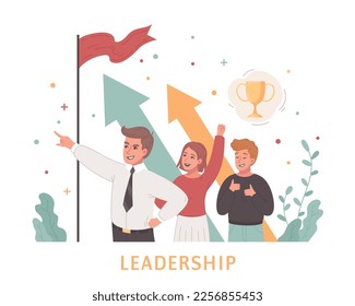 Design-Konzept von Leadership Cartoon mit Teamwork von kreativen jungen Menschen glauben an Erfolg flache Vektorgrafik