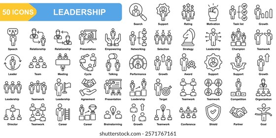 Leadership collection icon set. Support, Motivation, Growth, Relationship, Presentation, Empowering, Strategy. Simple line vector.