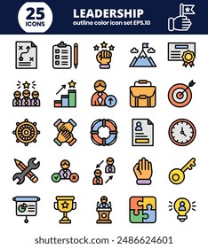 Leadership color outline icons set.Business management icons pack.