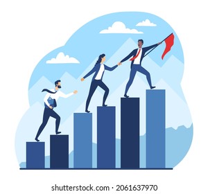 Leadership And Commitment Concept. Boss Leads His Team Up Career Ladder. Professional Development, Success And Business Development. Cartoon Flat Vector Illustration Isolated On White Background