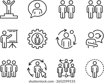 Leadership and Communication Icon Set Depicting Skills, Teamwork, Personal Growth and Strategic Thinking for Business, Management and Human Resources Represented by Symbolic and Simple Black Outline