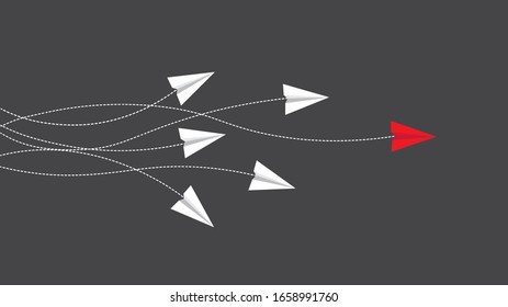 Leadership and competition concept, red paper plane leading among white, flat vector illustration