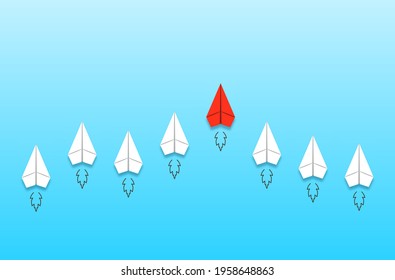 Leadership and competition concept, with red paper plane leading among white.
