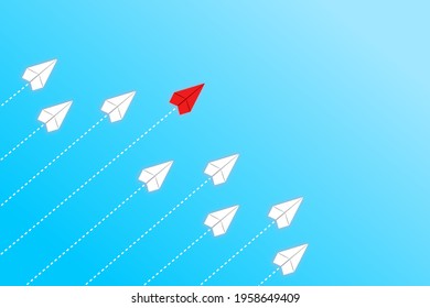 Leadership and competition concept, with red paper plane leading among white.