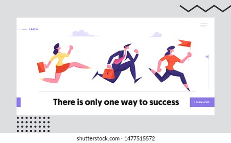 Leadership, Competition Concept Website Landing Page. Business People Characters Running by Row Following Businesswoman Holding Red Flag in Hands Web Page Banner. Cartoon Flat Vector Illustration