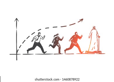 Leadership, competition, success concept sketch. Business people running and trying to reach man from Saudi Arabia riding scooter, development diagram at background. Hand drawn isolated vector