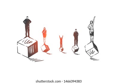 Leadership, competition, success concept sketch. Business people standing on separate cubes. Hand drawn isolated vector illustration