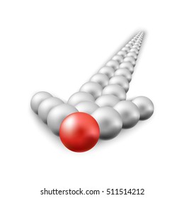 Leadership Concept Arrow Made Of Gray Balls With One Red Ball Symbol Of Leader Pointing Direction For Team. Vector Illustration