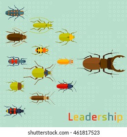 Leadership concept. Background with many insects and wooden texture. Vector illustration