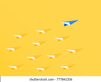 Leadership concept. Blue paper airplane leader standing out from the crowd. Business advantage opportunities and success concept. Vector Illustration