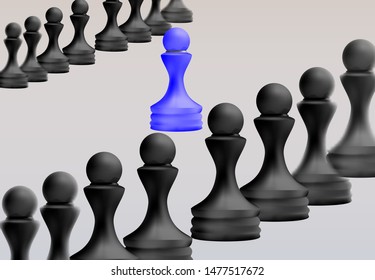 Leadership concept, Blue pawn of chess, standing out from the crowd of blacks. Business Strategy, 3d Rendered.  Vector Illustration.