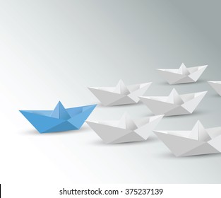 Leadership concept with blue vector paper ship.