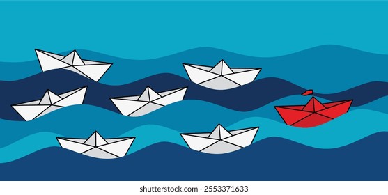 Leadership concept. Business training or team ambition, motivation. Routes, follow the business opportunities. Cartoon paper boat, paper ship. Paper sailing boats. Line folded ships pattern. 