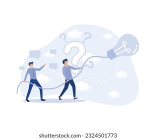  Leadership Concept, Business Workers Holding Cable from Bulb Light Flying ahead, flat vector modern illustration 