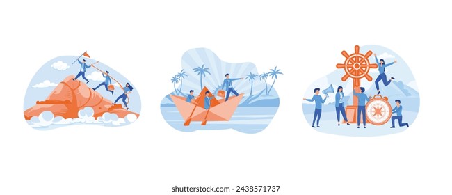 Leadership Concept. Businessman leader with binoculars lead business team sailing origami ship. Leadership qualities in a creative team. Set flat vector modern illustration 