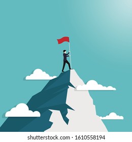 Leadership concept. Businessman standing hold flag conquering top of mountain. Symbol of successful, Career, Achieve. Vector illustration flat