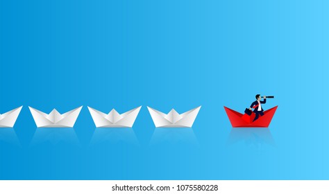 Leadership concept. Businessman standing on red paper ship leading among white.  looking with the telescopic growth modern idea And to corporate goals. competing to destination. illustration paper art