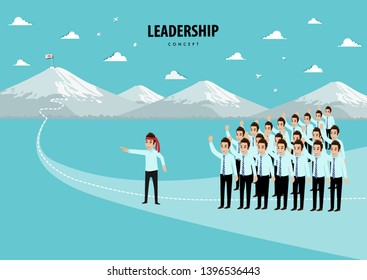 Leadership concept with cartoon character of the team with people going to the goal way on moutain and blue background vector