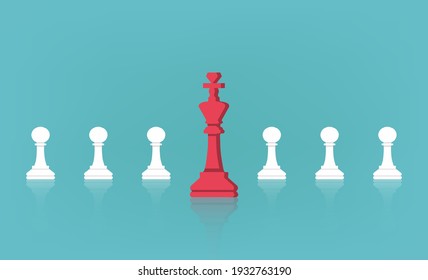 Leadership concept with chess king in front of pawns line vector illustration.